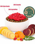 Artikel mit dem Namen FAIR&FRESH Topping Rote Beete,Kartoffel,Karotte im Shop von zoo.de , dem Onlineshop für nachhaltiges Hundefutter und Katzenfutter.