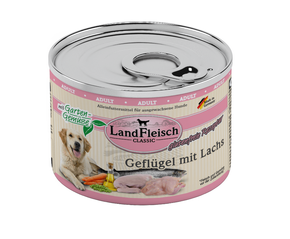 Artikel mit dem Namen Landfleisch Dog Classic Geflügel mit Lachs und Gartengemüse im Shop von zoo.de , dem Onlineshop für nachhaltiges Hundefutter und Katzenfutter.