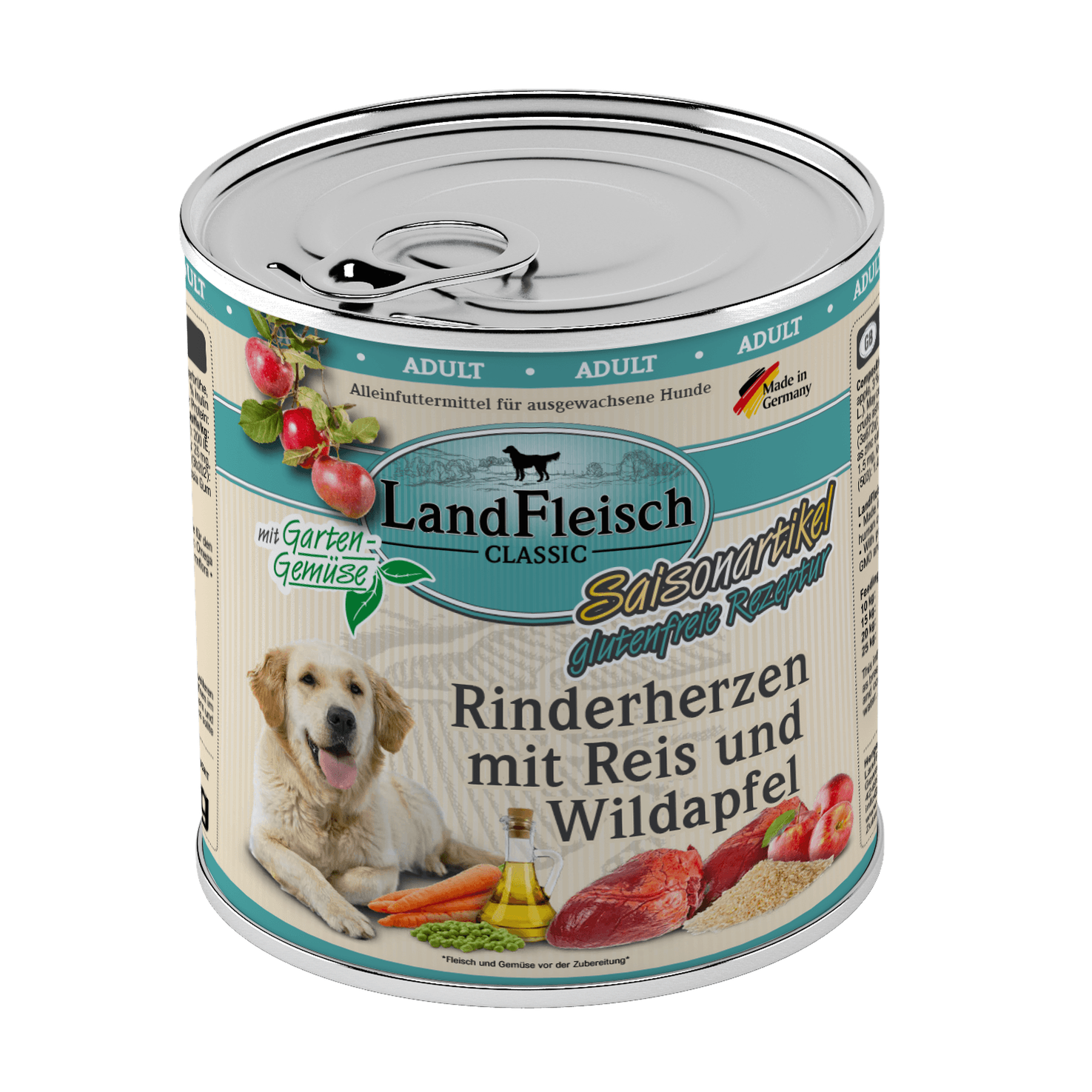 Landfleisch Dog Classic Rinderherzen mit Reis, Wildapfel und Gartengemüse