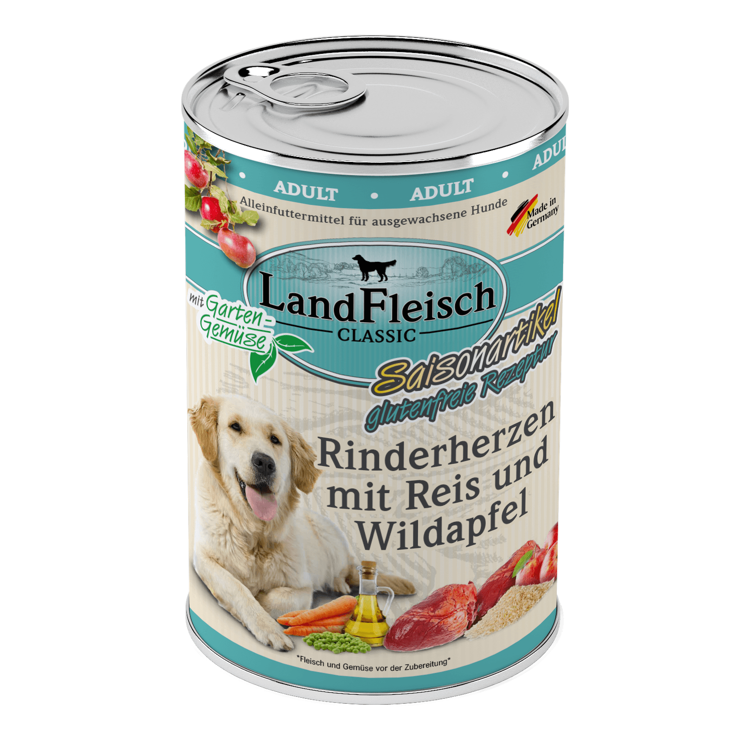 Landfleisch Dog Classic Rinderherzen mit Reis, Wildapfel und Gartengemüse