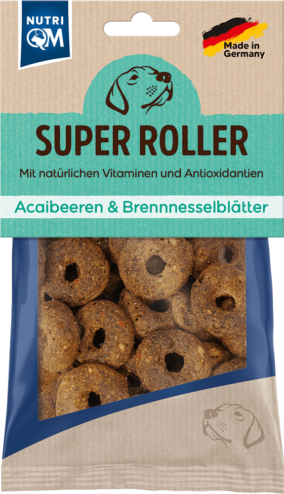 Artikel mit dem Namen NutriQM Hund Super Roller Acaibeeren & Brennnesselblätter im Shop von zoo.de , dem Onlineshop für nachhaltiges Hundefutter und Katzenfutter.