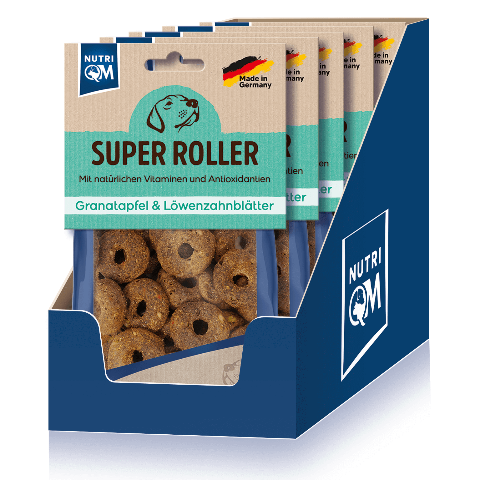 Artikel mit dem Namen NutriQM Hund Super Roller Granatapfel & Löwenzahnblätter im Shop von zoo.de , dem Onlineshop für nachhaltiges Hundefutter und Katzenfutter.