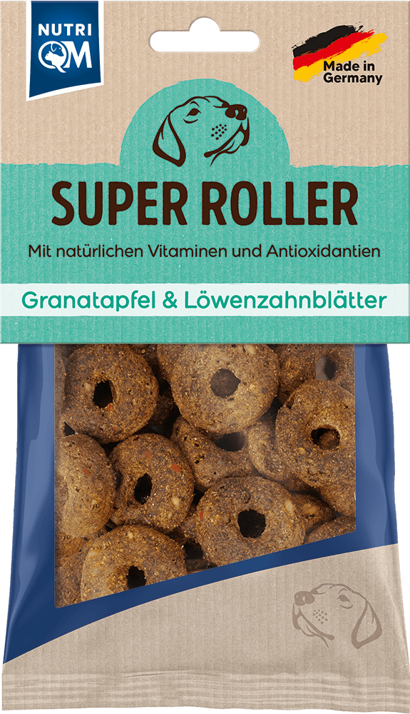 Artikel mit dem Namen NutriQM Hund Super Roller Granatapfel & Löwenzahnblätter im Shop von zoo.de , dem Onlineshop für nachhaltiges Hundefutter und Katzenfutter.