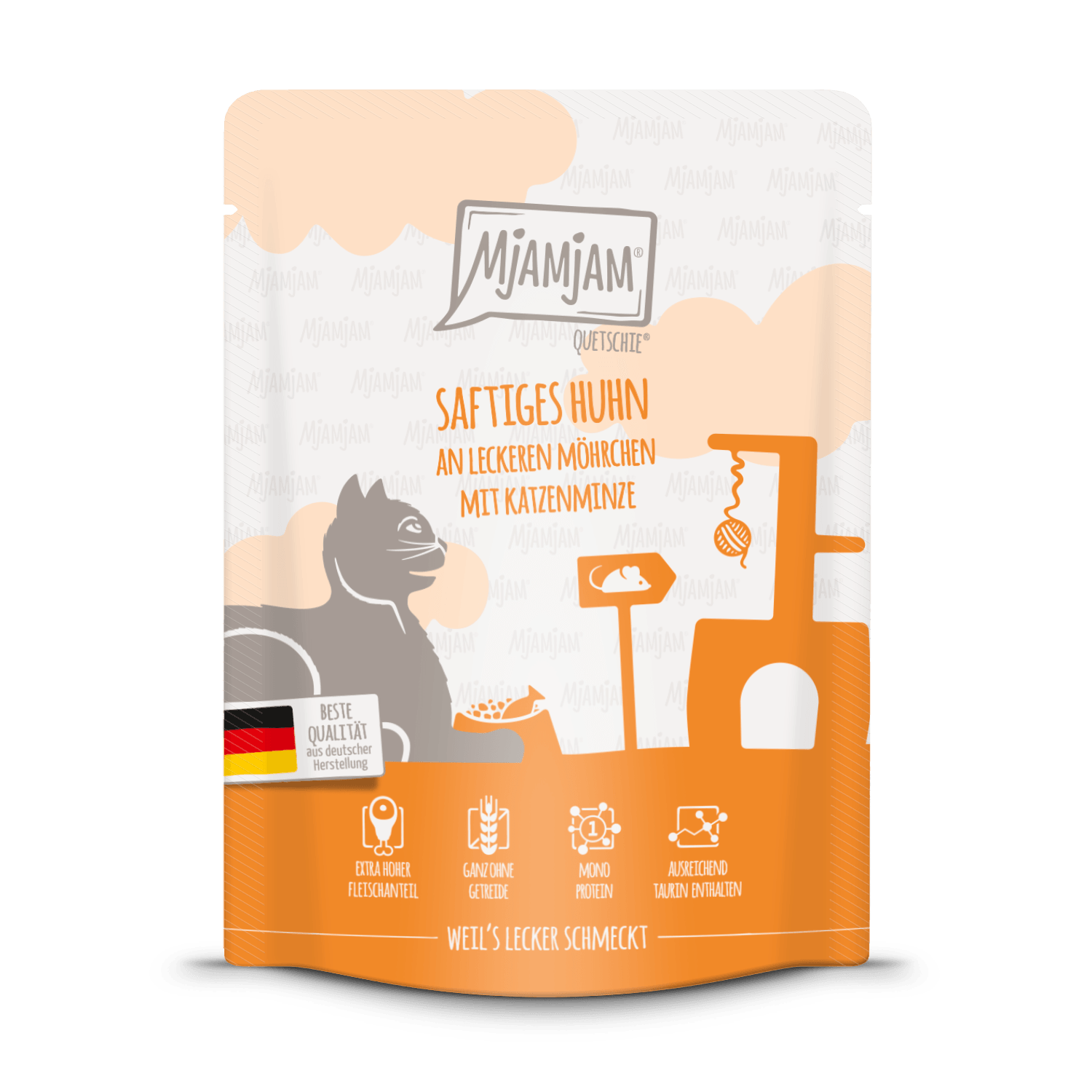Artikel mit dem Namen MjAMjAM - Katze - saftiges Huhn an leckeren Möhrchen im Shop von zoo.de , dem Onlineshop für nachhaltiges Hundefutter und Katzenfutter.