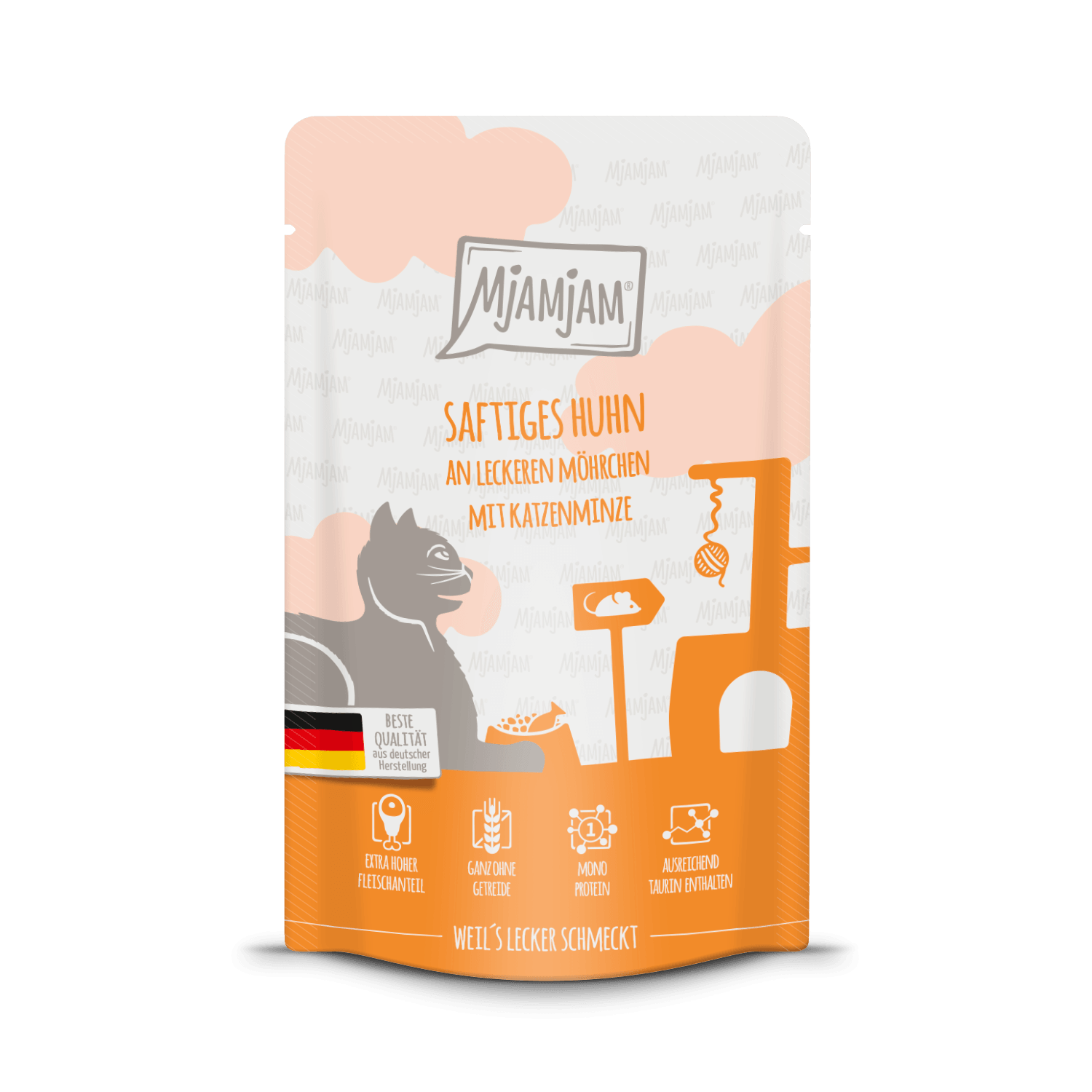 Artikel mit dem Namen MjAMjAM - Katze - saftiges Huhn an leckeren Möhrchen im Shop von zoo.de , dem Onlineshop für nachhaltiges Hundefutter und Katzenfutter.