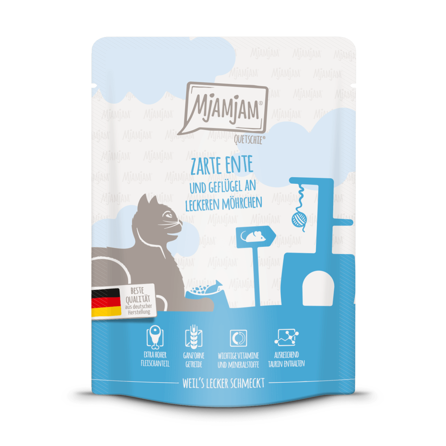Artikel mit dem Namen MjAMjAM - Katze - zarte Ente & Geflügel an leckeren Möhrchen im Shop von zoo.de , dem Onlineshop für nachhaltiges Hundefutter und Katzenfutter.