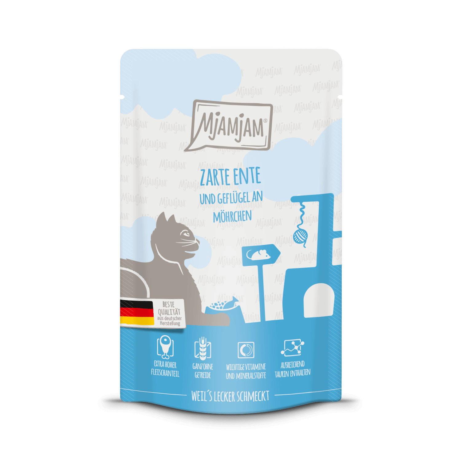 Artikel mit dem Namen MjAMjAM - Katze - zarte Ente & Geflügel an leckeren Möhrchen im Shop von zoo.de , dem Onlineshop für nachhaltiges Hundefutter und Katzenfutter.