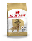 Royal Canin Golden Retriever Adult dry dog food bag with gold shield and kibble detail