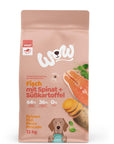 Artikel mit dem Namen WOW Fisch mit Spinat und Süßkartoffel im Shop von zoo.de , dem Onlineshop für nachhaltiges Hundefutter und Katzenfutter.