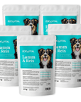 Three white resealable pouches of zooVital gluten-free lamb rice dog food