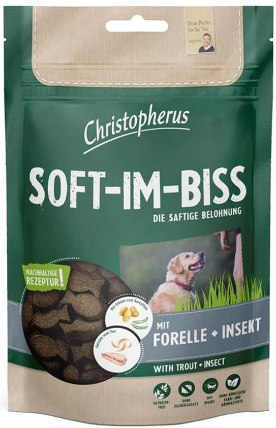 Artikel mit dem Namen Christopherus Snacks Soft-Im-Biss mit Forelle & Insekt im Shop von zoo.de , dem Onlineshop für nachhaltiges Hundefutter und Katzenfutter.