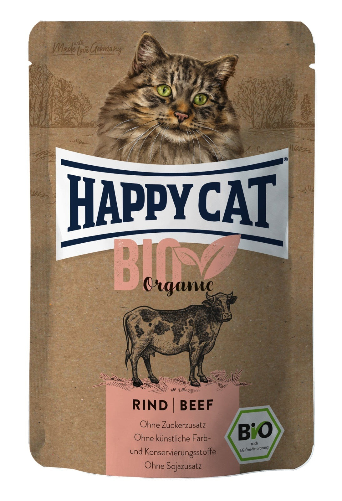 Artikel mit dem Namen Happy Cat Bio Pouch Rind im Shop von zoo.de , dem Onlineshop für nachhaltiges Hundefutter und Katzenfutter.