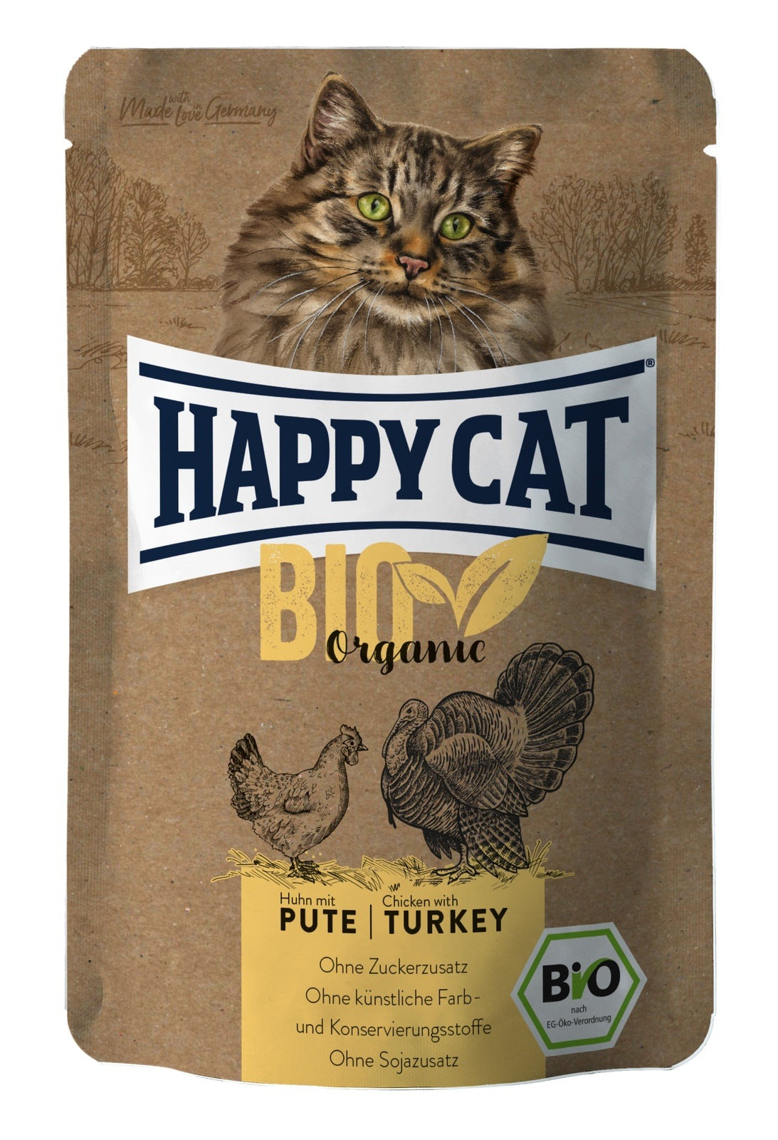 Artikel mit dem Namen Happy Cat Bio Pouch Huhn & Pute im Shop von zoo.de , dem Onlineshop für nachhaltiges Hundefutter und Katzenfutter.