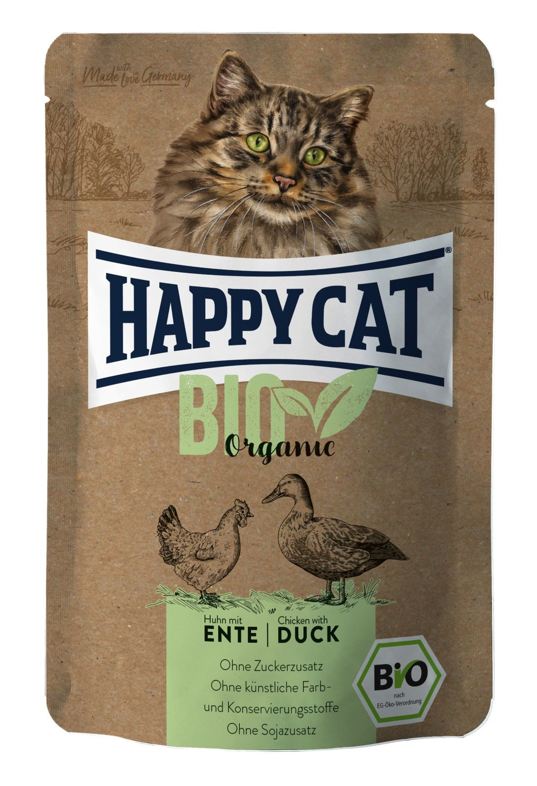 Artikel mit dem Namen Happy Cat Bio Pouch Huhn & Ente im Shop von zoo.de , dem Onlineshop für nachhaltiges Hundefutter und Katzenfutter.