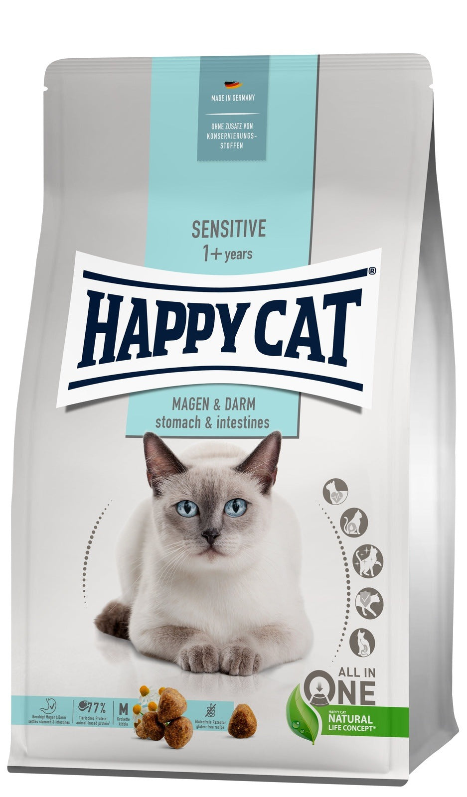 Artikel mit dem Namen Happy Cat Sensitive Magen & Darm im Shop von zoo.de , dem Onlineshop für nachhaltiges Hundefutter und Katzenfutter.