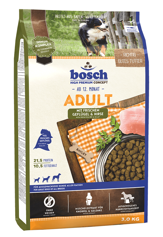 Artikel mit dem Namen Bosch Adult mit Geflügel und Hirse im Shop von zoo.de , dem Onlineshop für nachhaltiges Hundefutter und Katzenfutter.