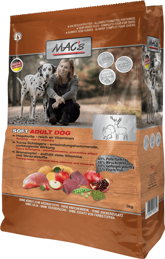 Artikel mit dem Namen MAC&#39;s Dog Soft Pute &amp; Hirsch im Shop von zoo.de , dem Onlineshop für nachhaltiges Hundefutter und Katzenfutter.