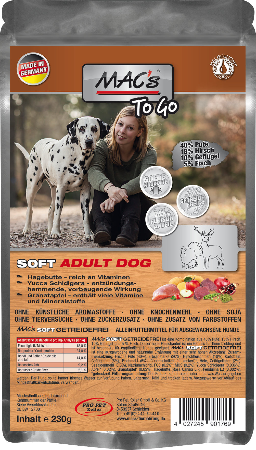Artikel mit dem Namen MAC's Dog Soft "to go" Pute & Hirsch im Shop von zoo.de , dem Onlineshop für nachhaltiges Hundefutter und Katzenfutter.
