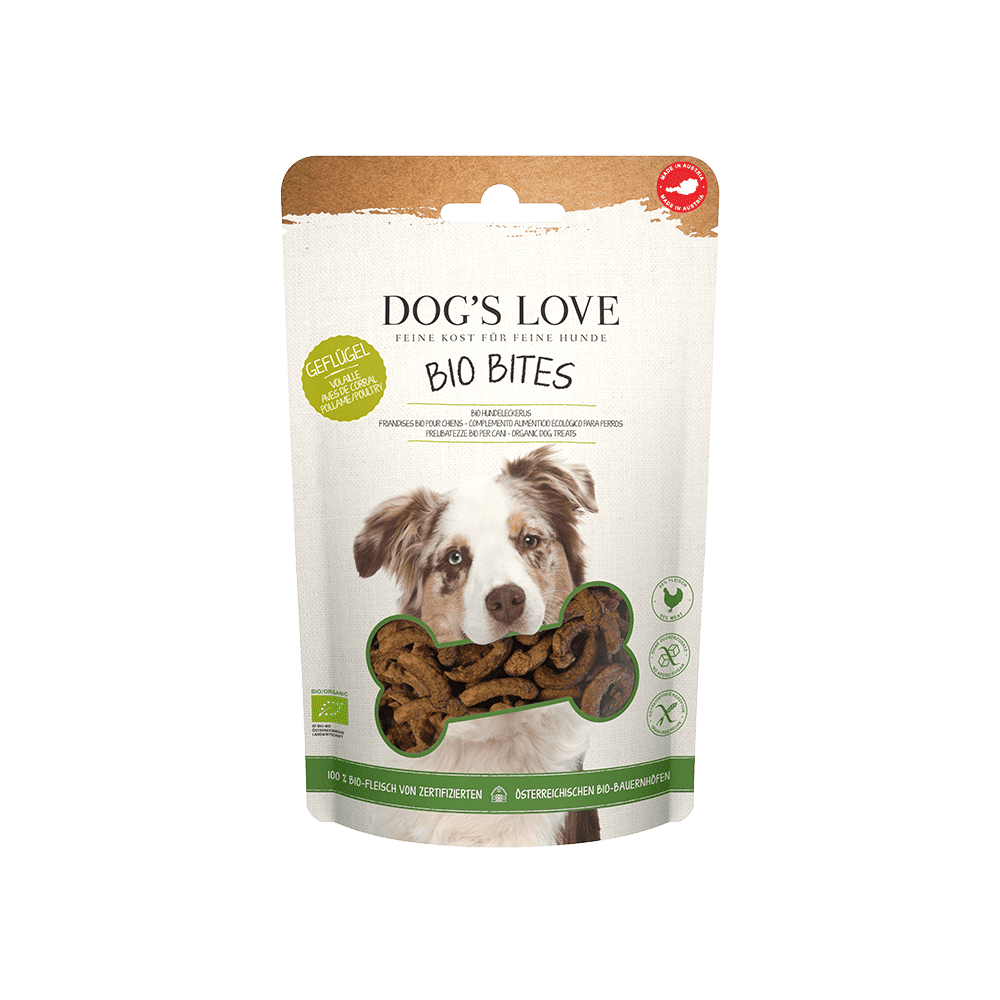 Artikel mit dem Namen DOG&#39;S LOVE Bites BIO Geflügel im Shop von zoo.de , dem Onlineshop für nachhaltiges Hundefutter und Katzenfutter.