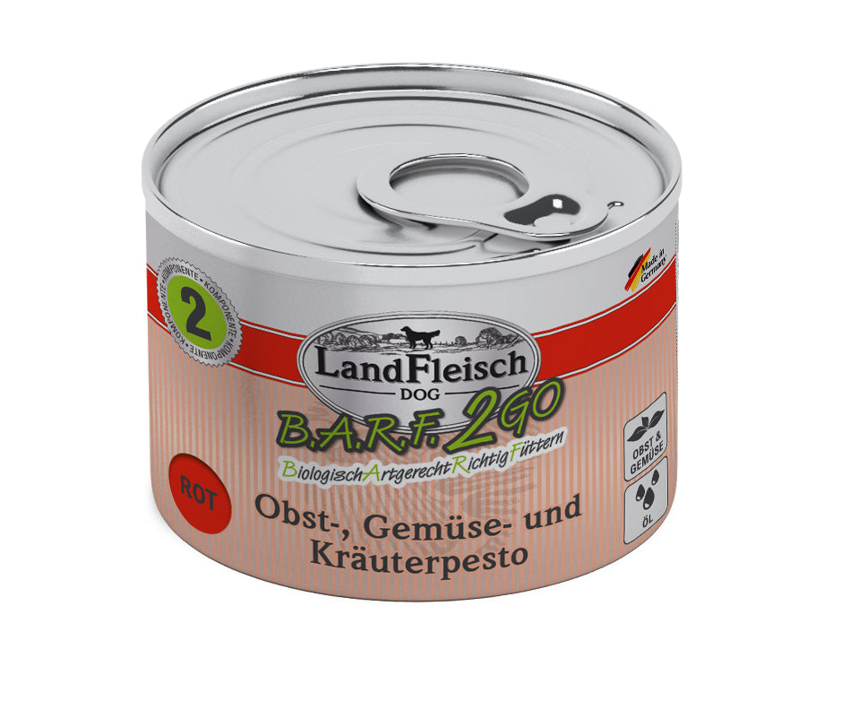 Artikel mit dem Namen Landfleisch BARF2GO für Hunde Pesto rot im Shop von zoo.de , dem Onlineshop für nachhaltiges Hundefutter und Katzenfutter.