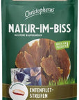Artikel mit dem Namen Christopherus Snack Entenfiletstreifen im Shop von zoo.de , dem Onlineshop für nachhaltiges Hundefutter und Katzenfutter.