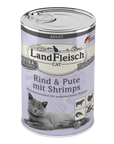 Artikel mit dem Namen LandFleisch Cat Adult Pastete Rind & Pute mit Shrimps im Shop von zoo.de , dem Onlineshop für nachhaltiges Hundefutter und Katzenfutter.