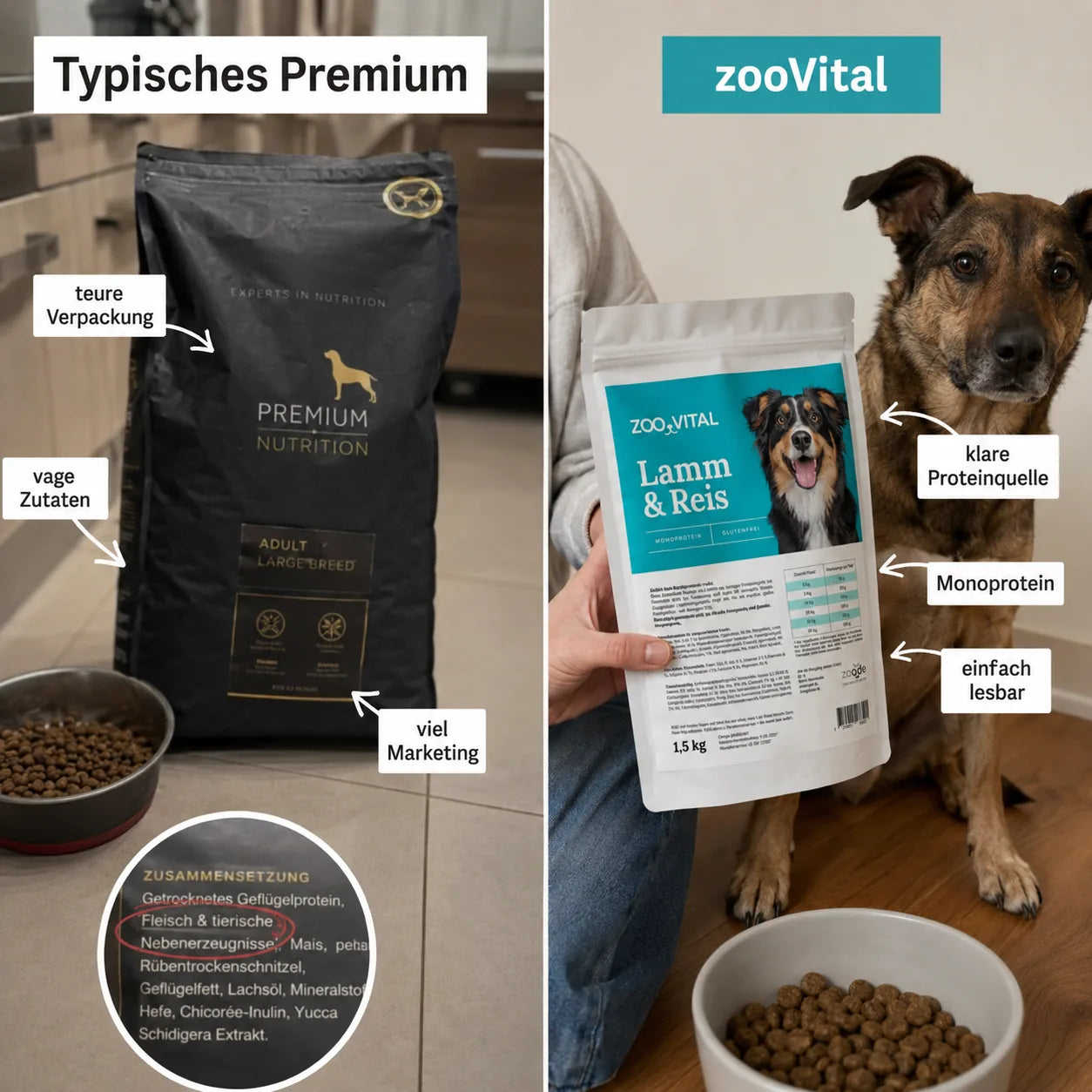 Klar deklarierte Zutaten von zooVital im Vergleich zu vagen Angaben