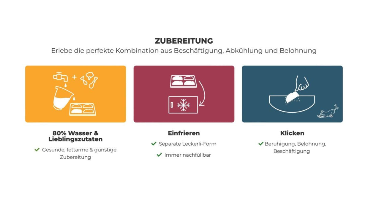Zubereitung des Schleckspielzeugs für den BOGGL: 1. Wasser und Lieblingszutaten mischen, 2. Einfrieren in separater Leckerli-Form, 3. in den BOGGL einlicken und genießen