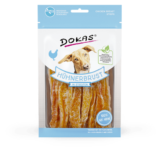 Artikel mit dem Namen Dokas Hühnerbrust in Streifen im Shop von zoo.de , dem Onlineshop für nachhaltiges Hundefutter und Katzenfutter.