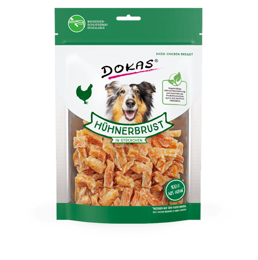 Artikel mit dem Namen Dokas Hühnerbrust in Stücken im Shop von zoo.de , dem Onlineshop für nachhaltiges Hundefutter und Katzenfutter.