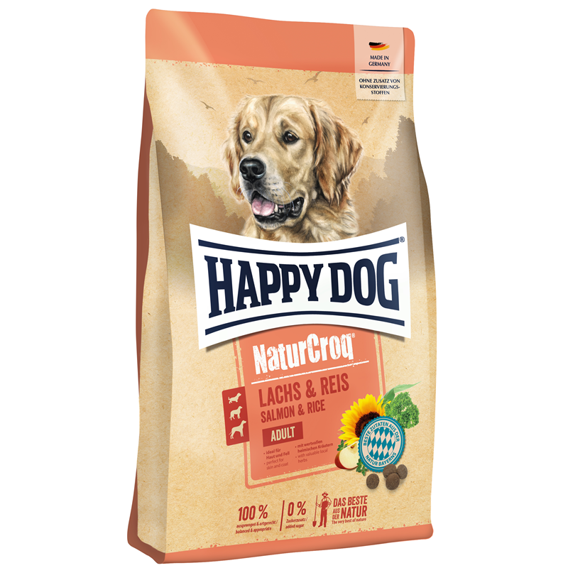 Artikel mit dem Namen Happy Dog Premium NaturCroq Lachs & Reis im Shop von zoo.de , dem Onlineshop für nachhaltiges Hundefutter und Katzenfutter.