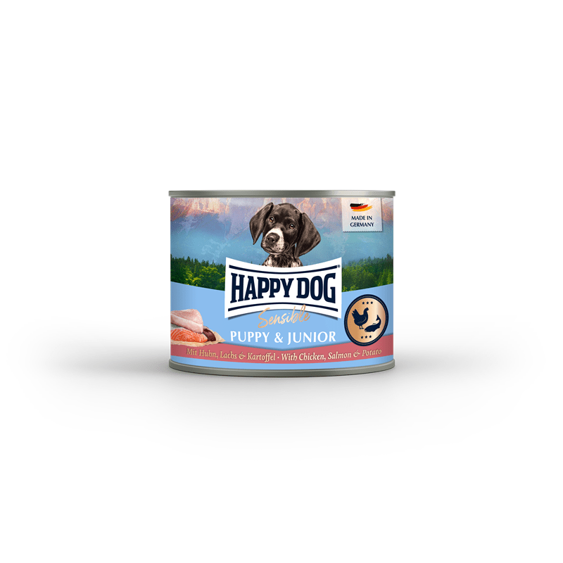 Artikel mit dem Namen HappyDog Sensible Puppy Huhn Lachs Kartoffel im Shop von zoo.de , dem Onlineshop für nachhaltiges Hundefutter und Katzenfutter.
