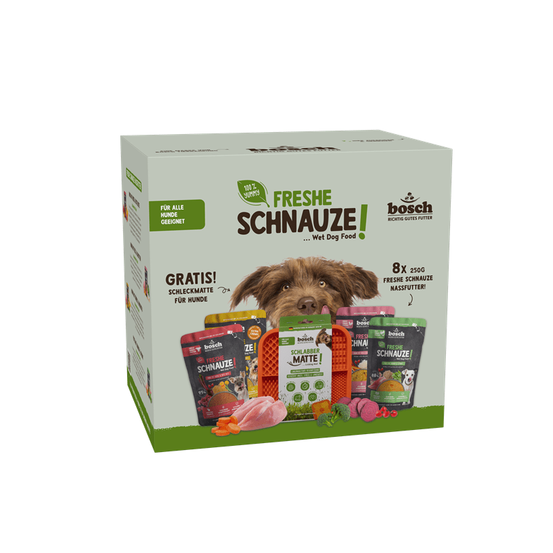 bosch Freshe Schnauze Aktionsbox Nassfutter für Hunde, 8 x 250 g mit gratis Schleckmatte