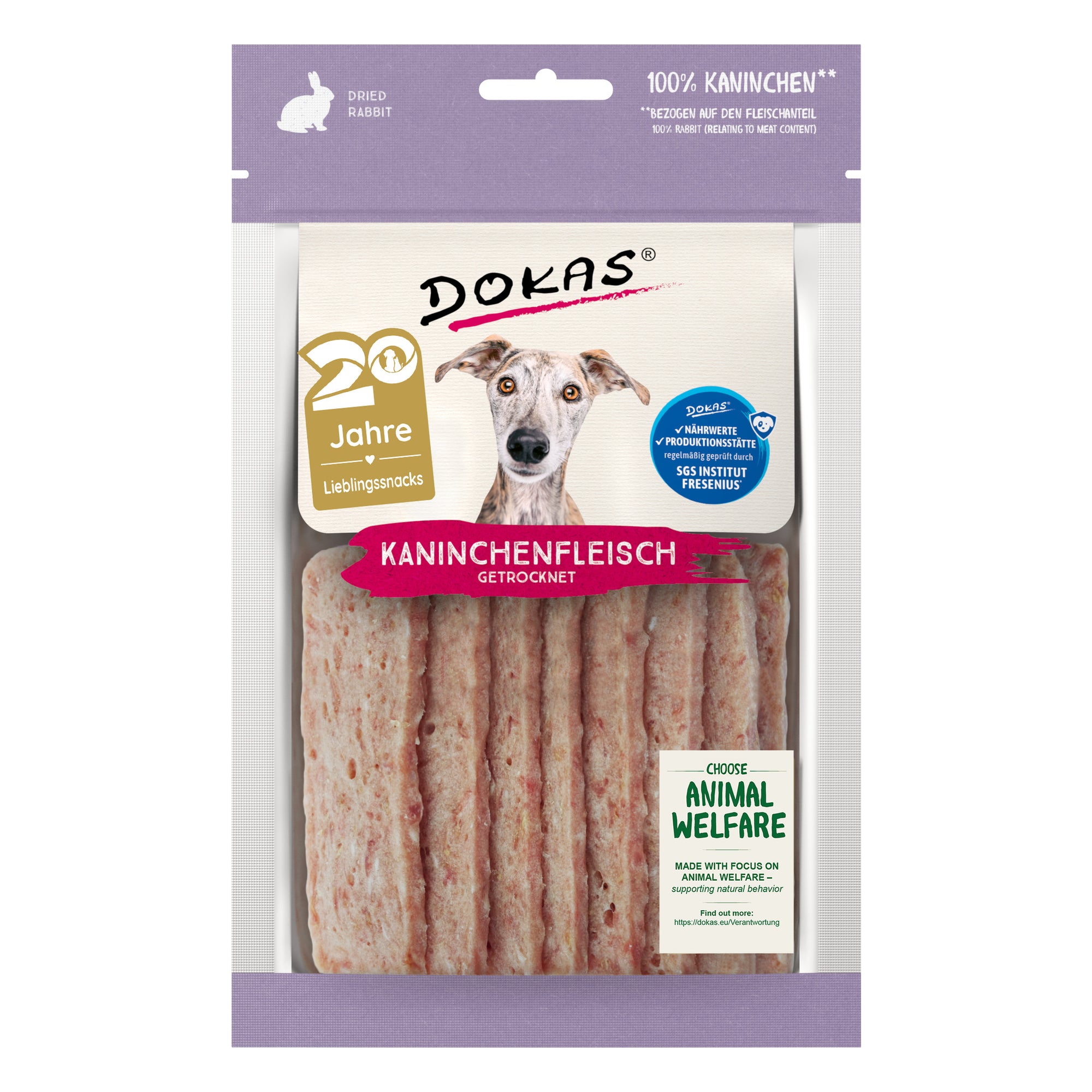 Dokas Kaninchenfleisch getrocknet, Hundesnack aus 100 % Kaninchen, 70-g-Beutel