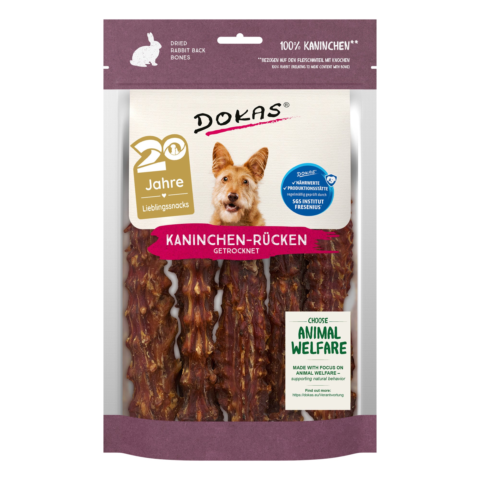 Dokas Kaninchen-Rücken getrocknet, Hundesnack aus 100 % Kaninchen, 120-g-Beutel