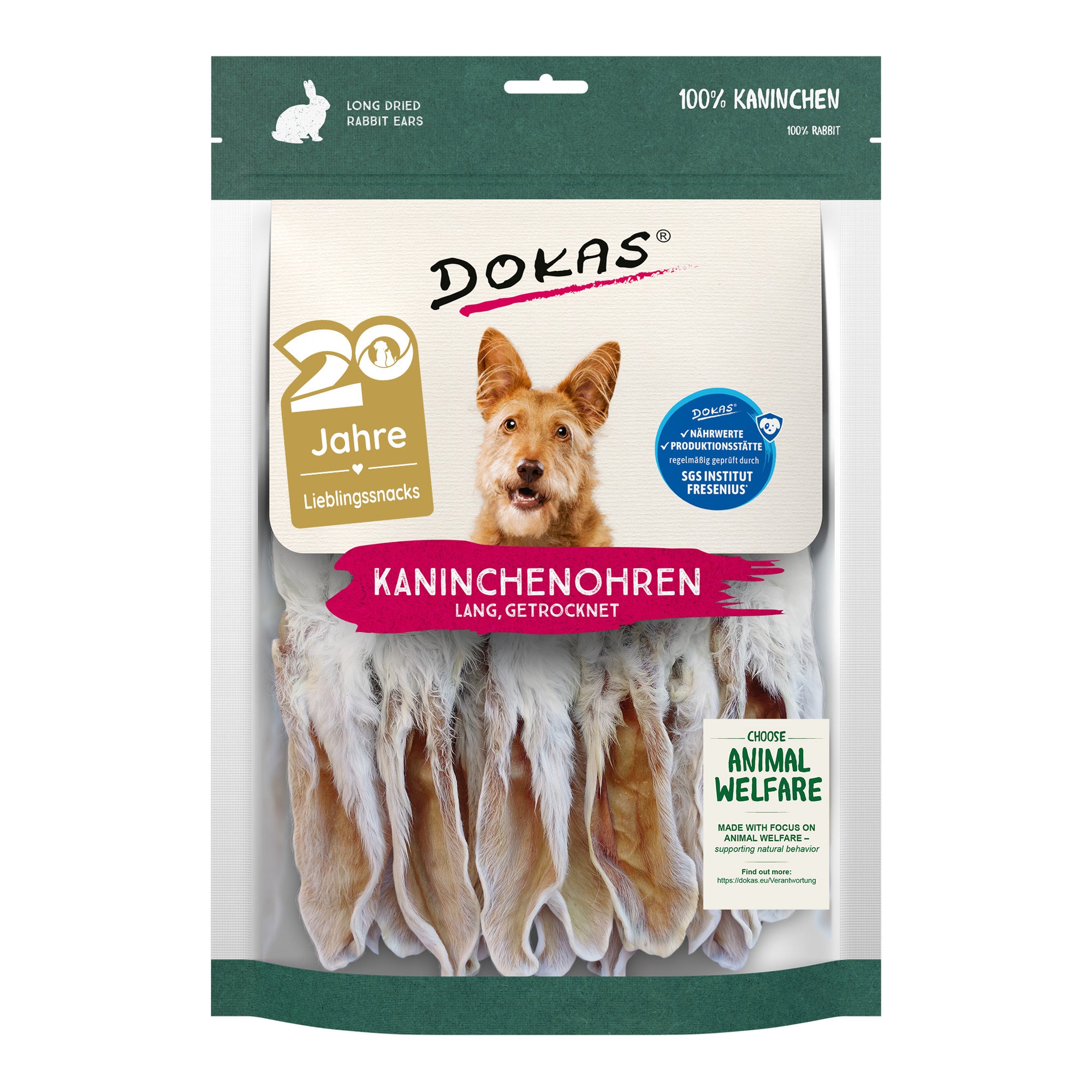 Dokas Kaninchenohren lang, getrocknet, Hundesnack mit Fell, 180-g-Beutel