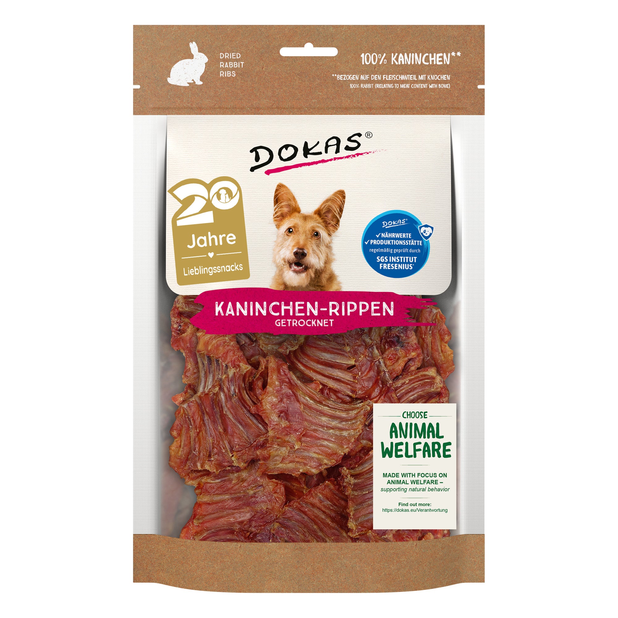 Dokas Kaninchen-Rippen getrocknet, Hundesnack aus 100 % Kaninchen, 100-g-Beutel