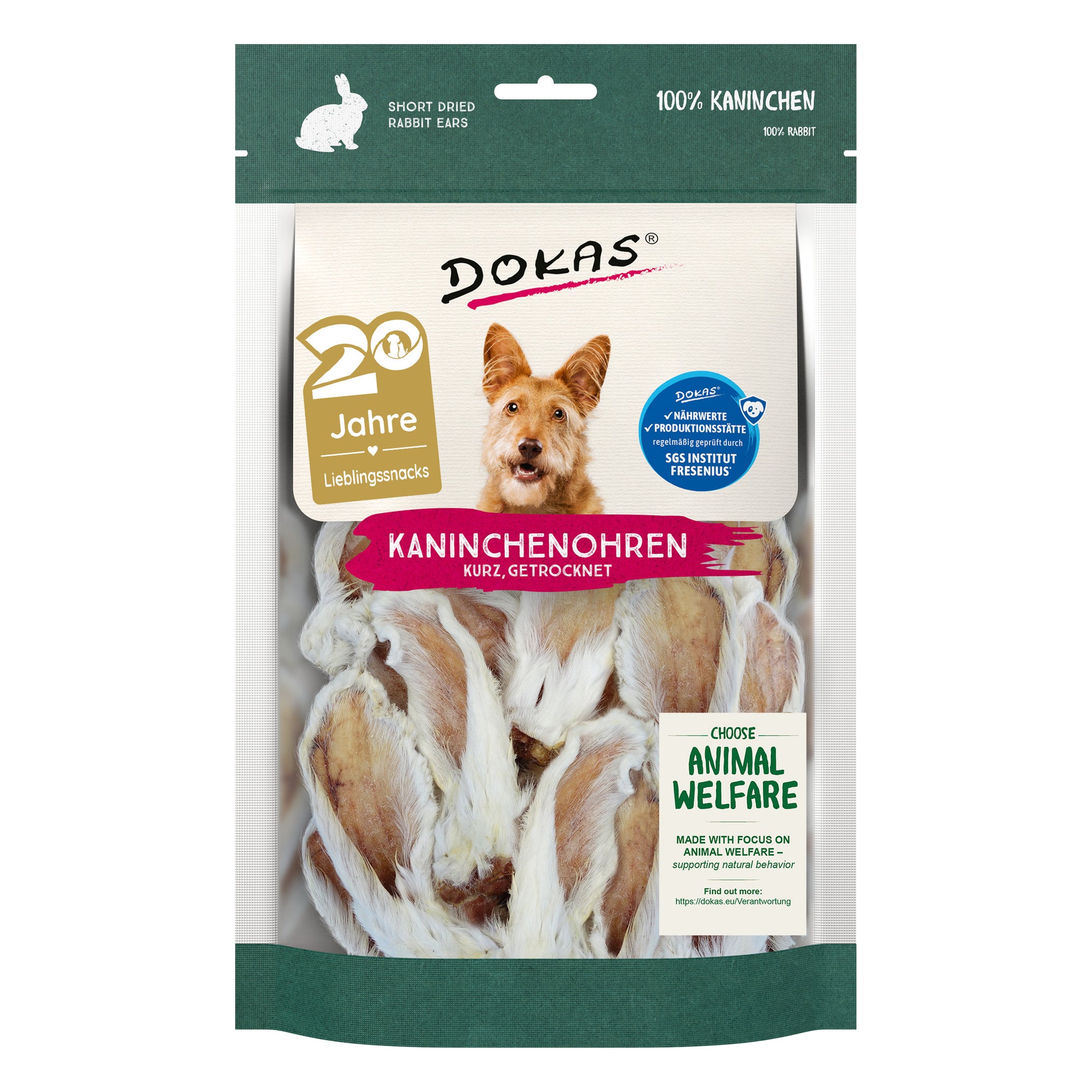 Dokas Kaninchenohren kurz, getrocknet, Hundesnack mit Fell, 100-g-Beutel