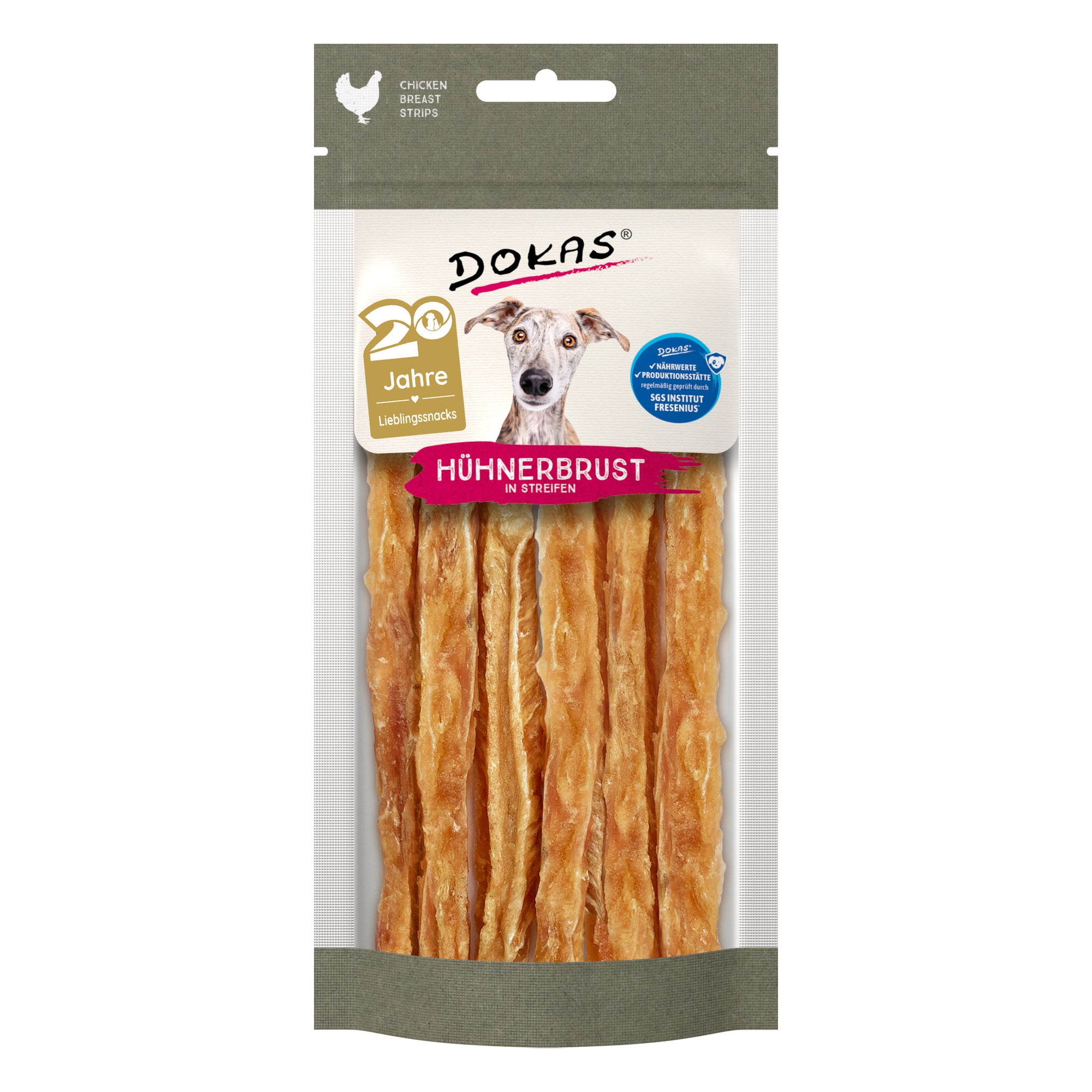 Dokas Hühnerbrust in Streifen, getrockneter Hundesnack, 50-g-Beutel