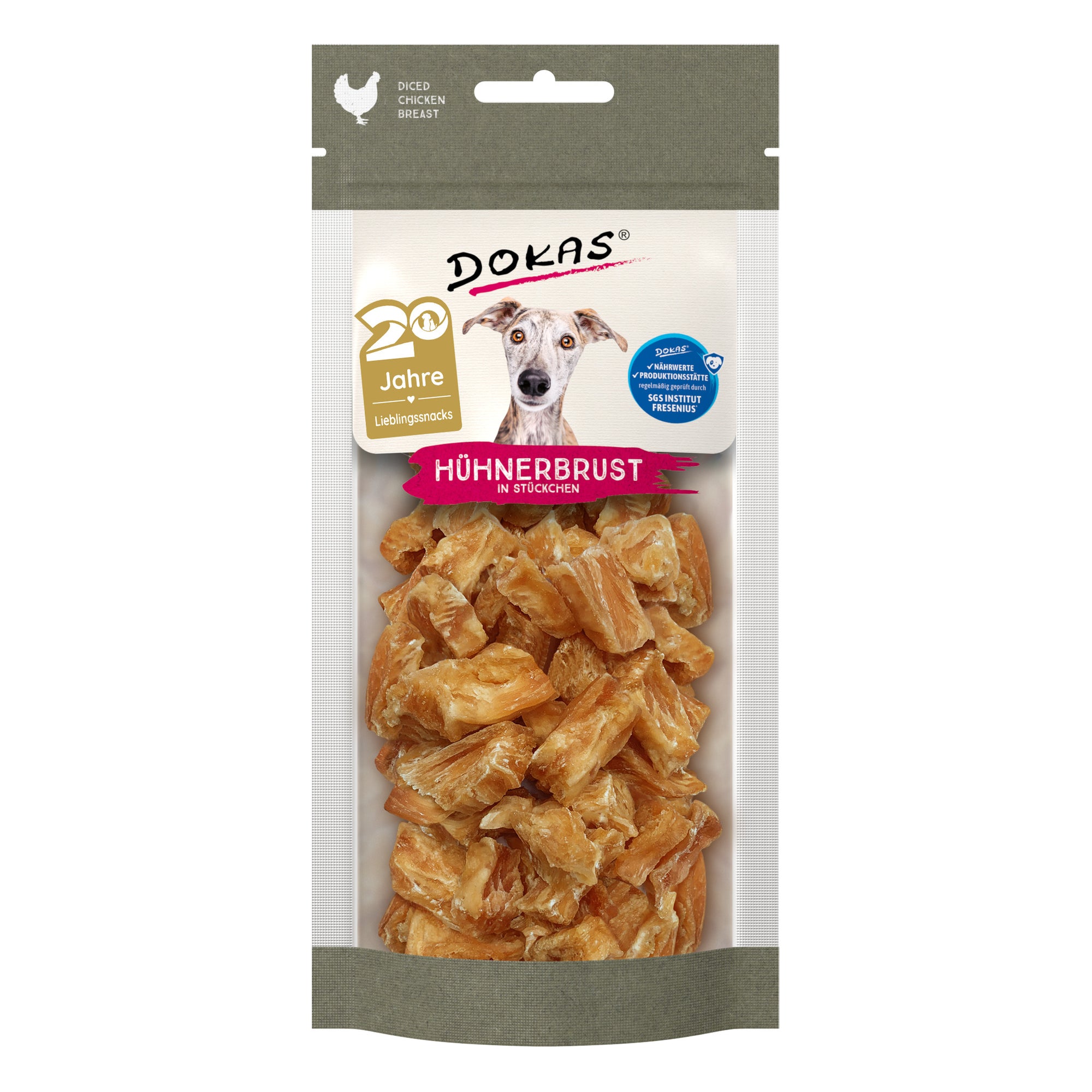 Dokas Hühnerbrust in Stücken, getrockneter Hundesnack, 50-g-Beutel