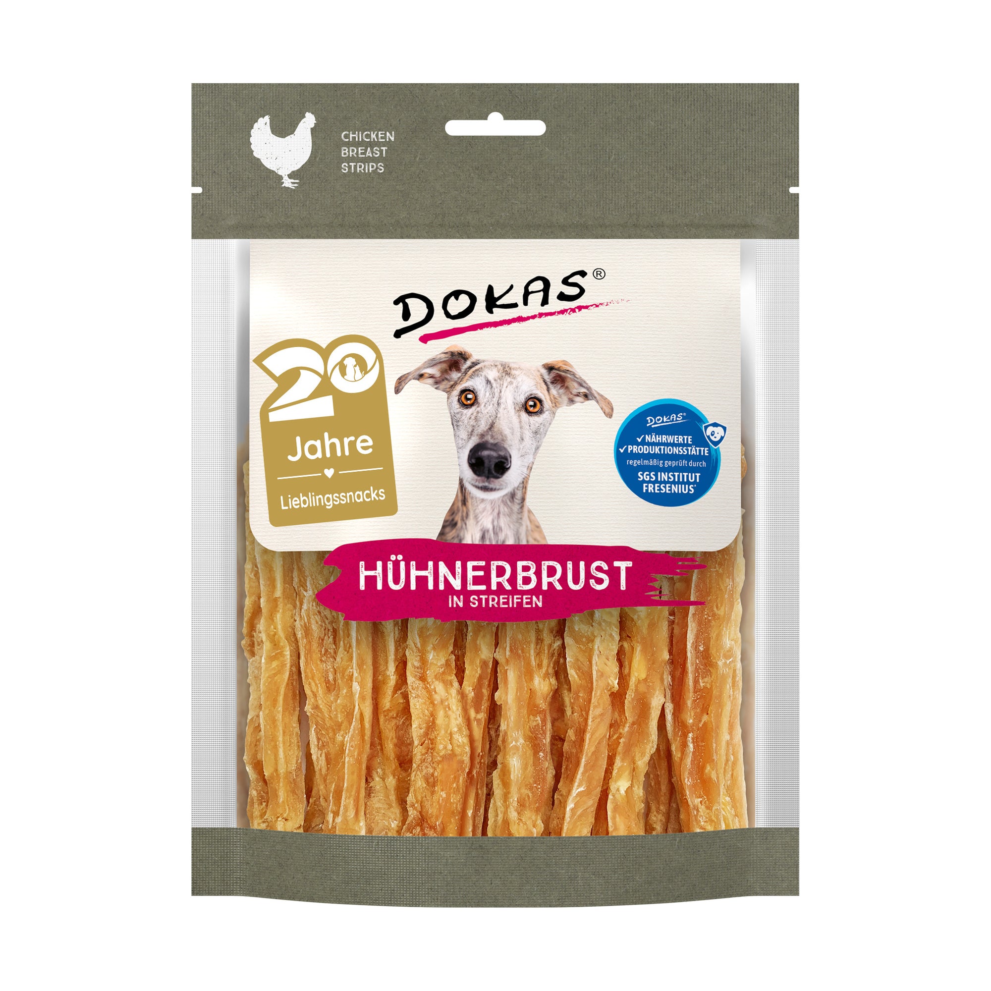 Dokas Hühnerbrust in Streifen, getrockneter Hundesnack, 170-g-Beutel