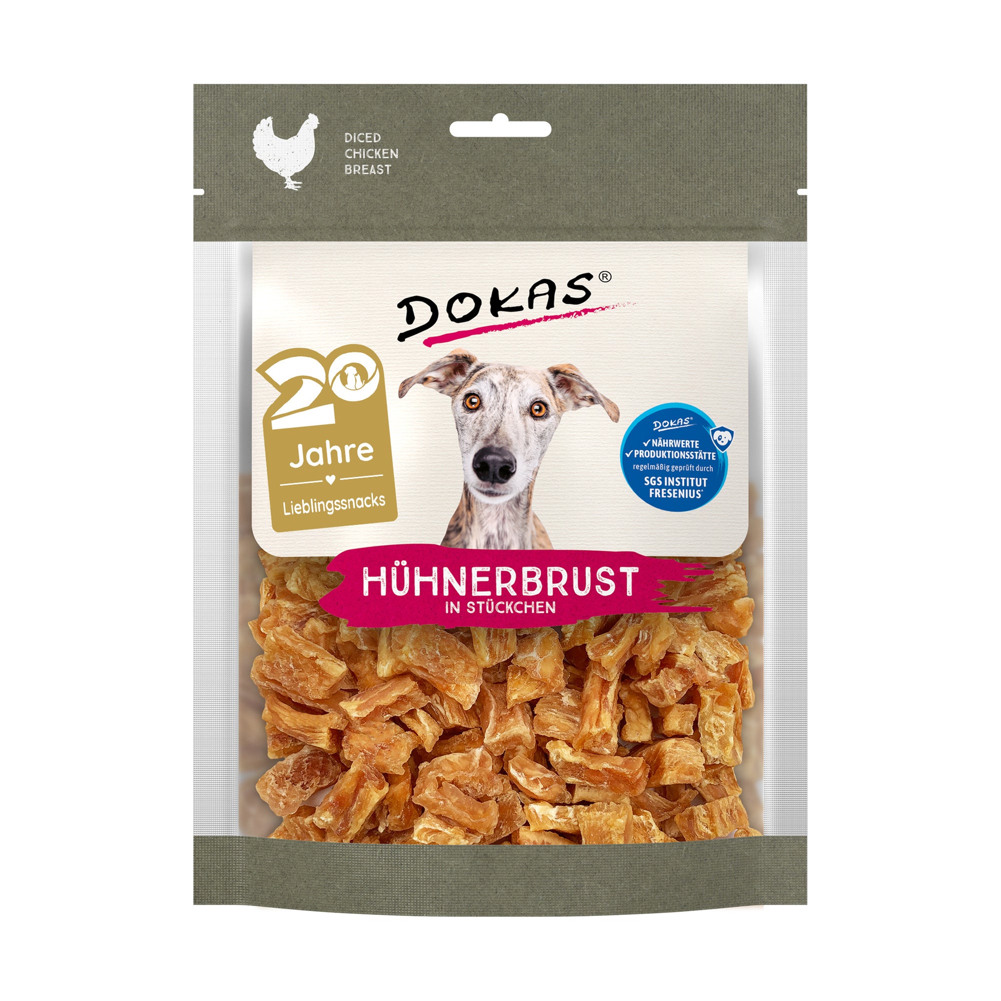 Dokas Hühnerbrust in Stücken, getrockneter Hundesnack, 170-g-Beutel