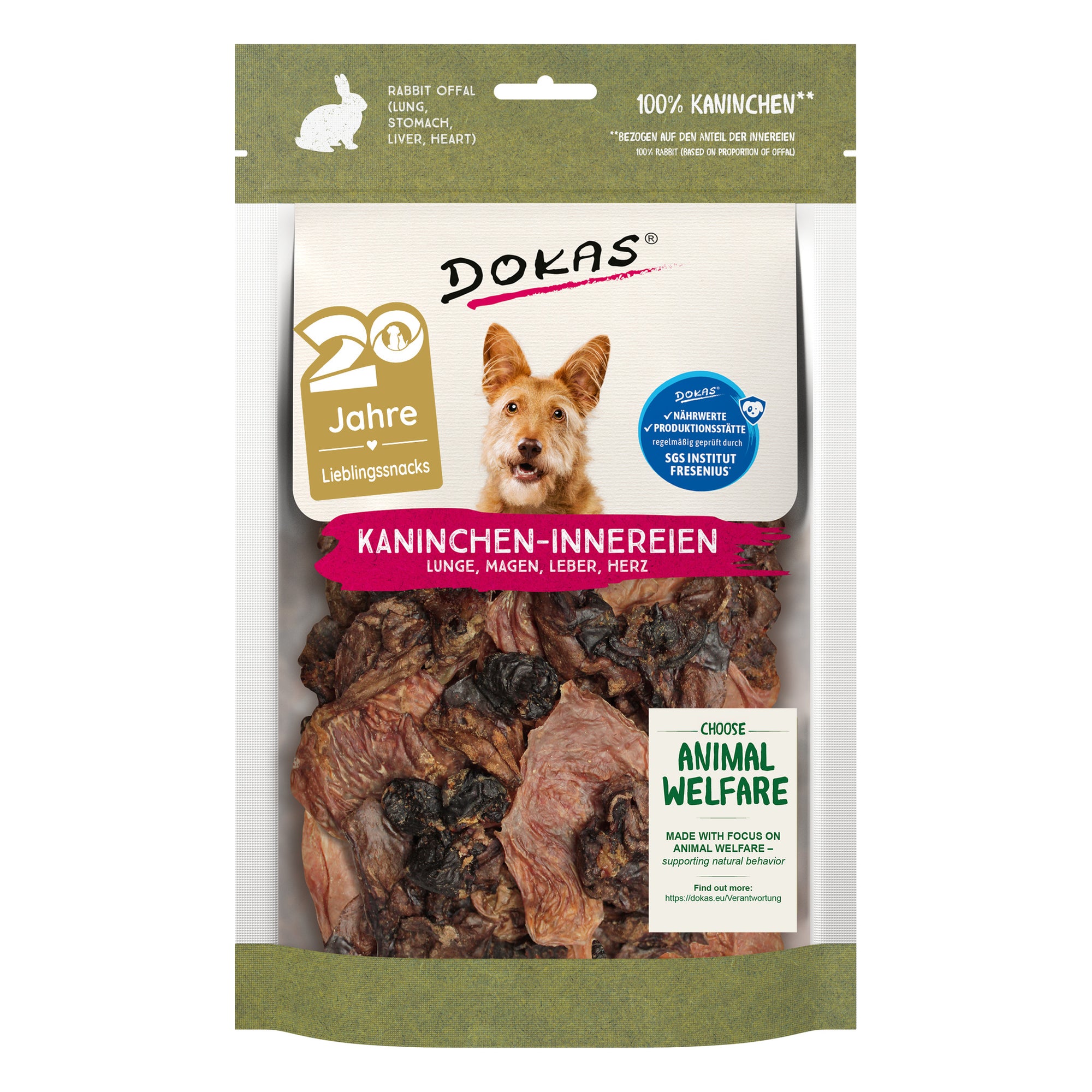 Dokas Kaninchen-Innereien mit Lunge, Magen, Leber und Herz, Hundesnack, 100-g-Beutel