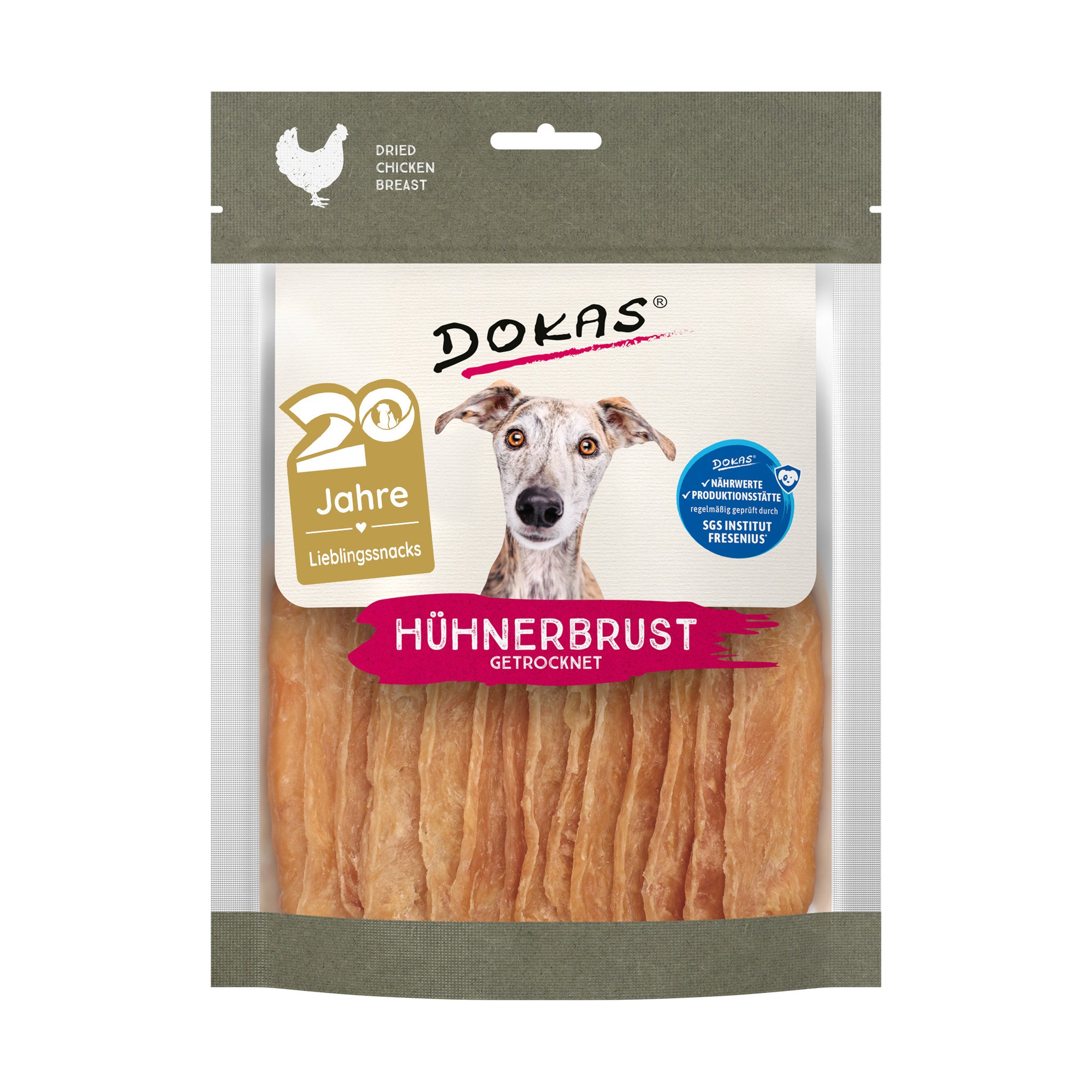 Dokas Hühnerbrust getrocknet, Hundesnack aus Hühnerbrustfilet, 170-g-Beutel