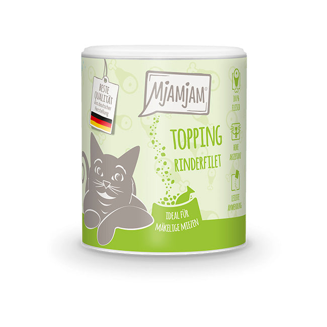 MjAMjAM freeze-dried beef fillet cat topping in green cylindrical container