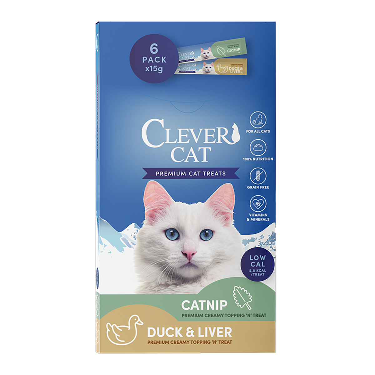 Clever Cat Creamy Snack Katzenminze, Ente &amp; Leber 6 x 15 g – 12 x 6 x 15 g