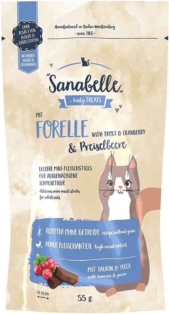 Artikel mit dem Namen Sanabelle Snack Forelle und Preiselbeere im Shop von zoo.de , dem Onlineshop für nachhaltiges Hundefutter und Katzenfutter.