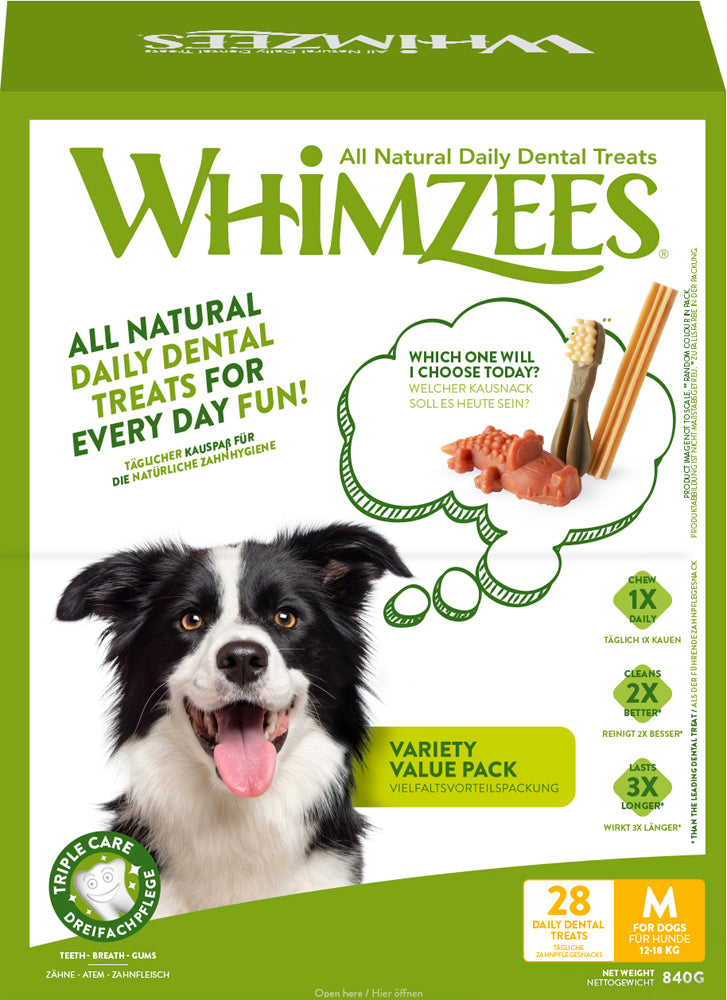 Artikel mit dem Namen Whimzees Variety Value Box im Shop von zoo.de , dem Onlineshop für nachhaltiges Hundefutter und Katzenfutter.