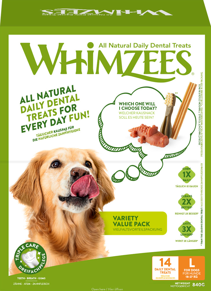 Artikel mit dem Namen Whimzees Variety Value Box im Shop von zoo.de , dem Onlineshop für nachhaltiges Hundefutter und Katzenfutter.