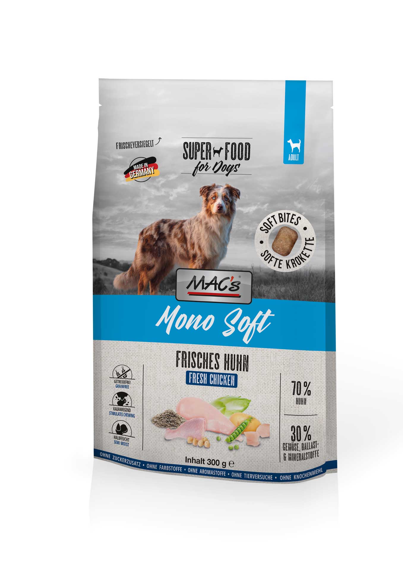 MAC's Dog Mono Soft Frisches Huhn Softfutter für Hunde, 300-g-Beutel